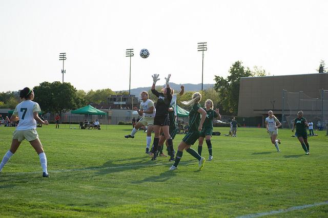 Goalkeeper+Megan+Elms+of+DVC+gets+her+hands+in+the+air+to+make+the+catch+in+this+game+against+Ohlone+College+on+Sept.+19%2C+2014+in+Pleasant+Hill.+Andrew+Barber+%2F+The+Inquirer