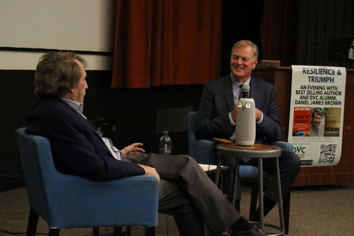 Courtesy of Charley Daly with the DVC Alumni Association
Bestselling author and DVC alum Daniel James Brown (left) in conversation with KTVU news anchor Frank Mallicoat.